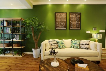 绿色田园美式风格80平米公寓客厅背景墙装修效果图