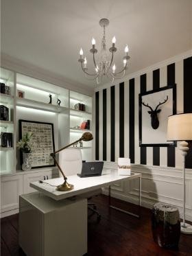 黑白时尚美式风格80平米一居室书房吊顶装修效果图