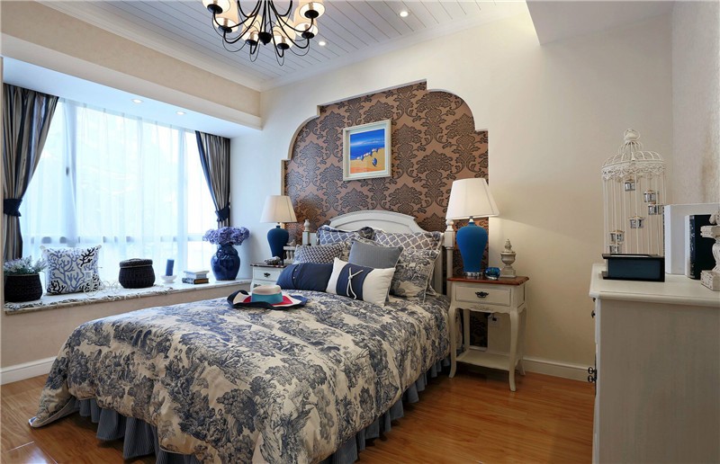 蓝白色的地中海风格140平米三居室卧室装修效果图