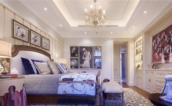 豪华炫丽的美式风格300平米别墅卧室吊顶装修效果图