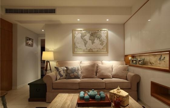 简约质朴美式风格90平米公寓客厅背景墙装修效果图