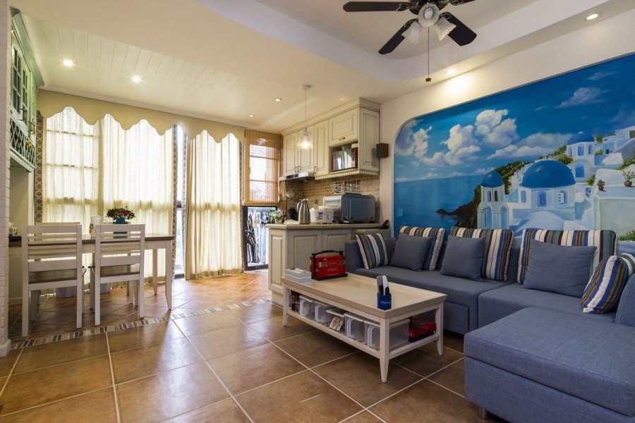 蓝白地中海风格100平米复式客厅背景墙装修效果图