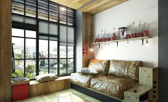 日式迷你50平米复式loft客厅背景墙装修效果图