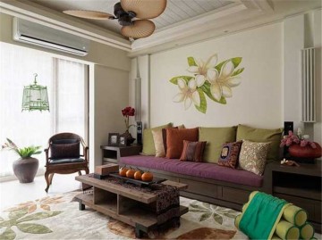 创意的东南亚风格110平米二居室客厅背景墙装修效果图
