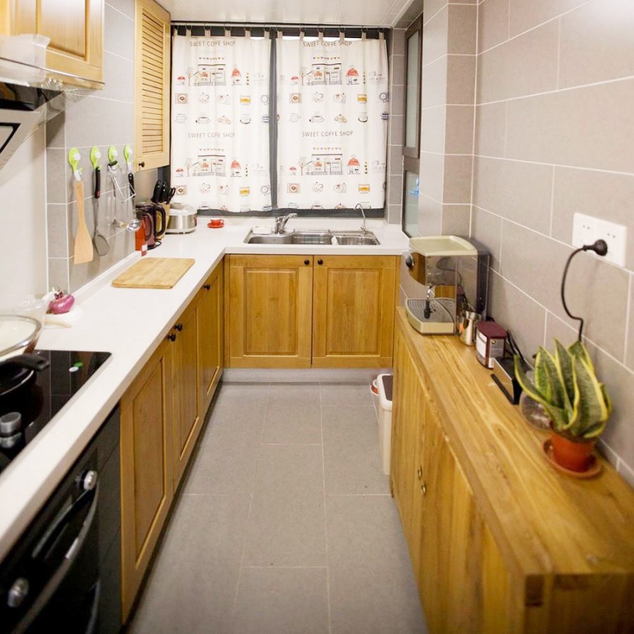 混搭实木中式风格80平米一居室厨房橱柜装修效果图