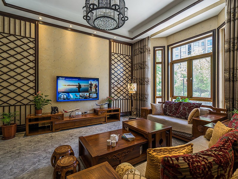 内敛含蓄的中式风格200平米别墅客厅电视背景墙装修效果图
