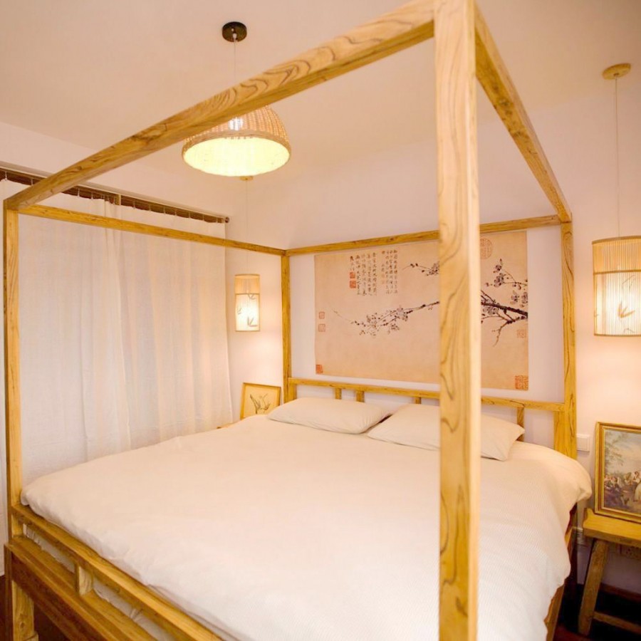 混搭实木中式风格80平米一居室卧室背景墙装修效果图
