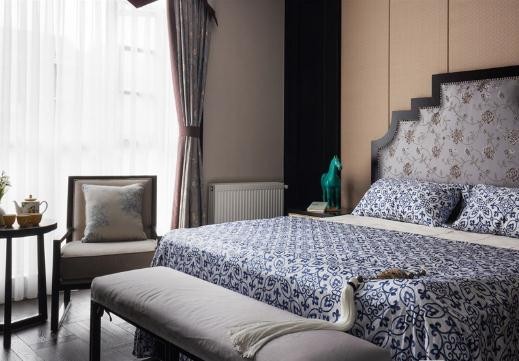淡雅清新中式风格100平米公寓卧室窗帘装修效果图