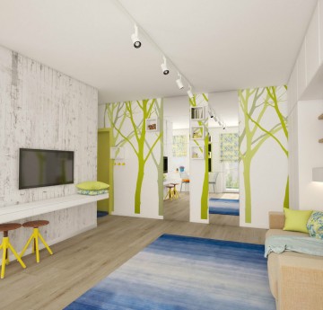 清新自然现代简约风格50平米小户型客厅电视背景墙装修效果图
