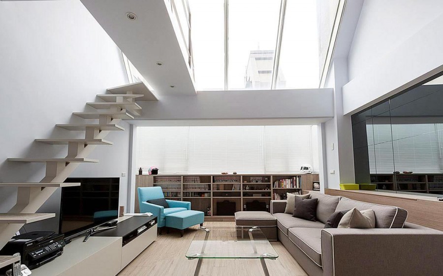 唯美现代简约风格100平米复式loft客厅楼梯装修效果图