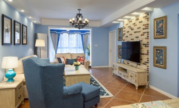 蓝色天空欧式风格80平米二居室客厅电视背景墙装修效果图