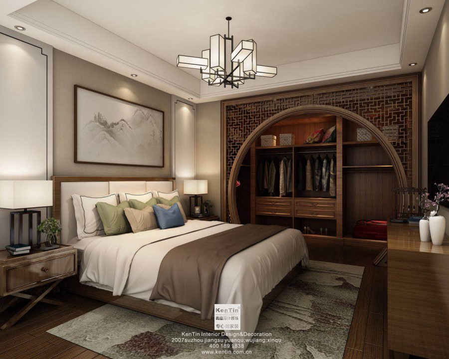 奥林清华新中式三居室卧室装修效果图